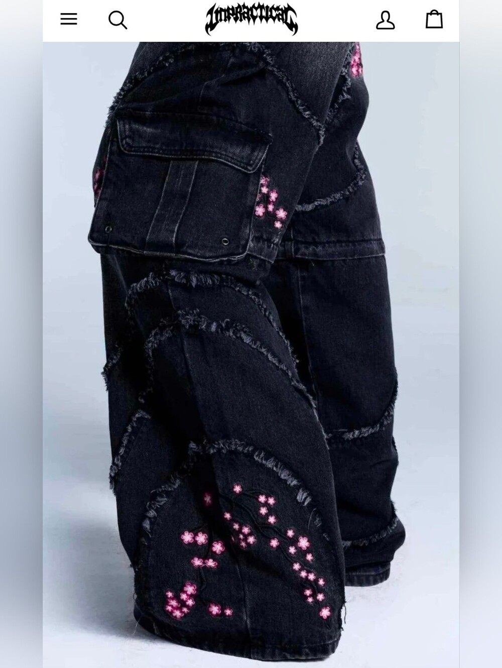 Unpractical Sakura Convertible Cargo Jeans NWT Black Floral Denim Medium - Picture 6 of 8